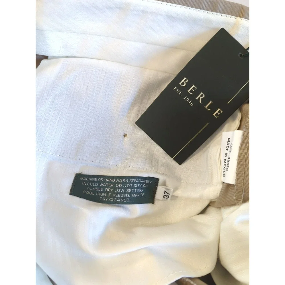 New with Tag BERLE Dress Pants Men 37 Flat Front Cuffed Tan 100% Cotton Classic